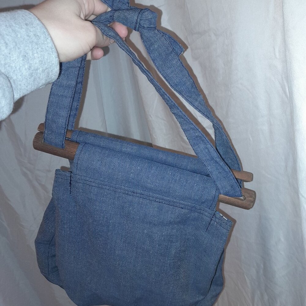 Vintage Retro Handmade 1970s Boho Denim Purse w/ wooden closures & Bow detailing - Picture 7 of 10